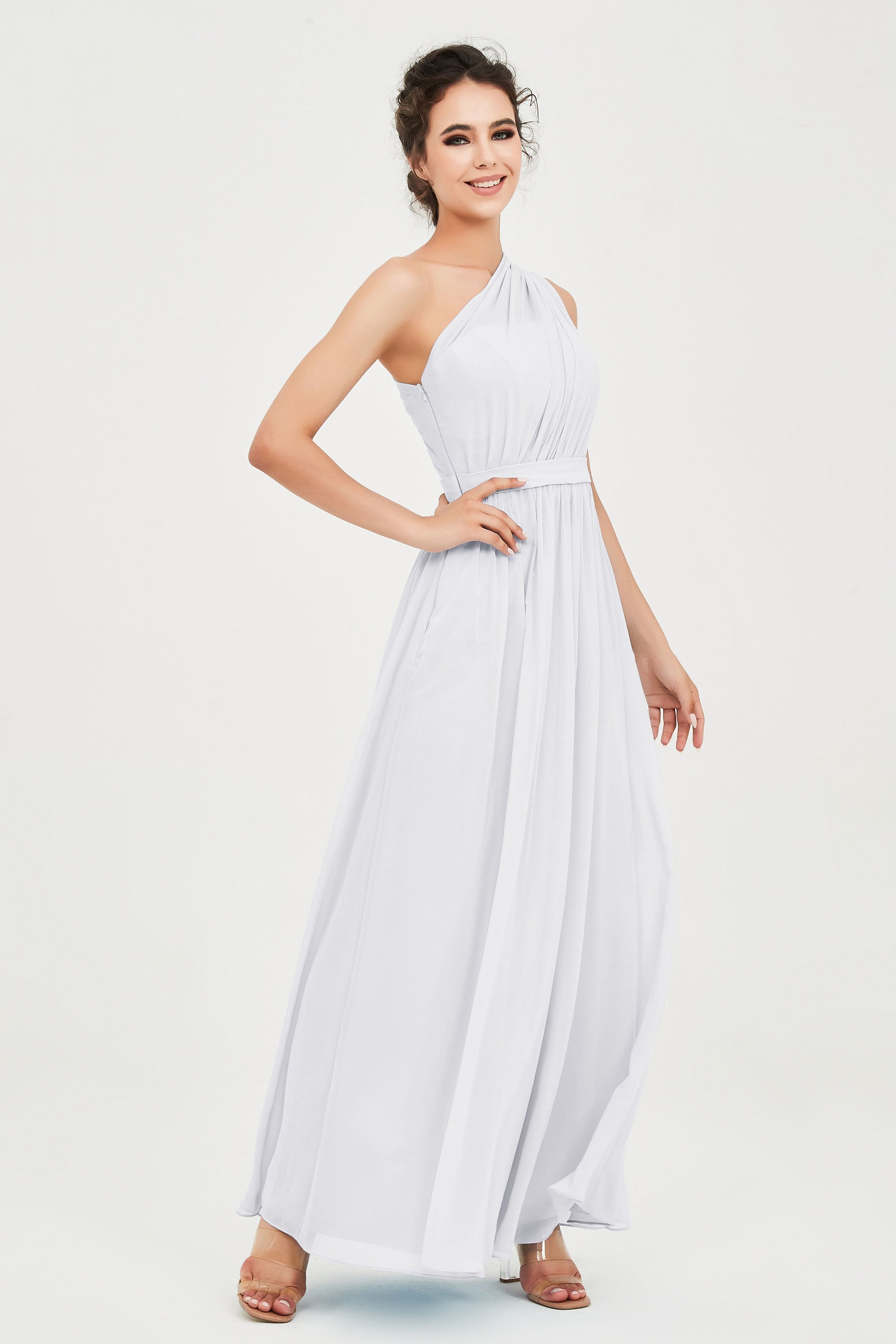One Shoulder Chiffon Bridesmaid Dress Floor Length Ruched A Line Formal Evening Prom Gowns