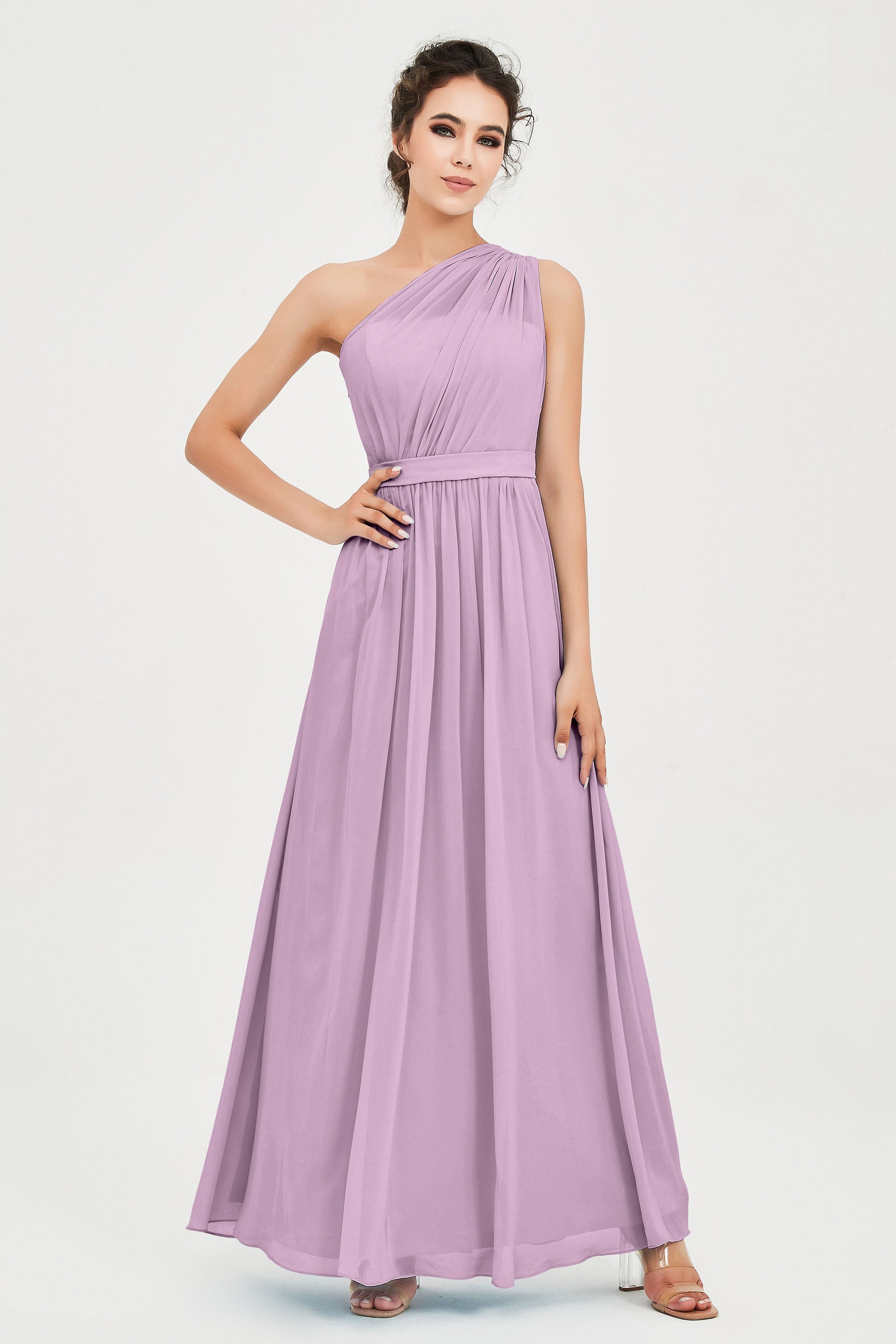 One Shoulder Chiffon Bridesmaid Dress Floor Length Ruched A Line Formal Evening Prom Gowns