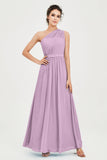 One Shoulder Chiffon Bridesmaid Dress Floor Length Ruched A Line Formal Evening Prom Gowns