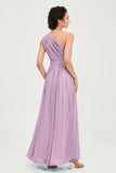 One Shoulder Chiffon Bridesmaid Dress Floor Length Ruched A Line Formal Evening Prom Gowns