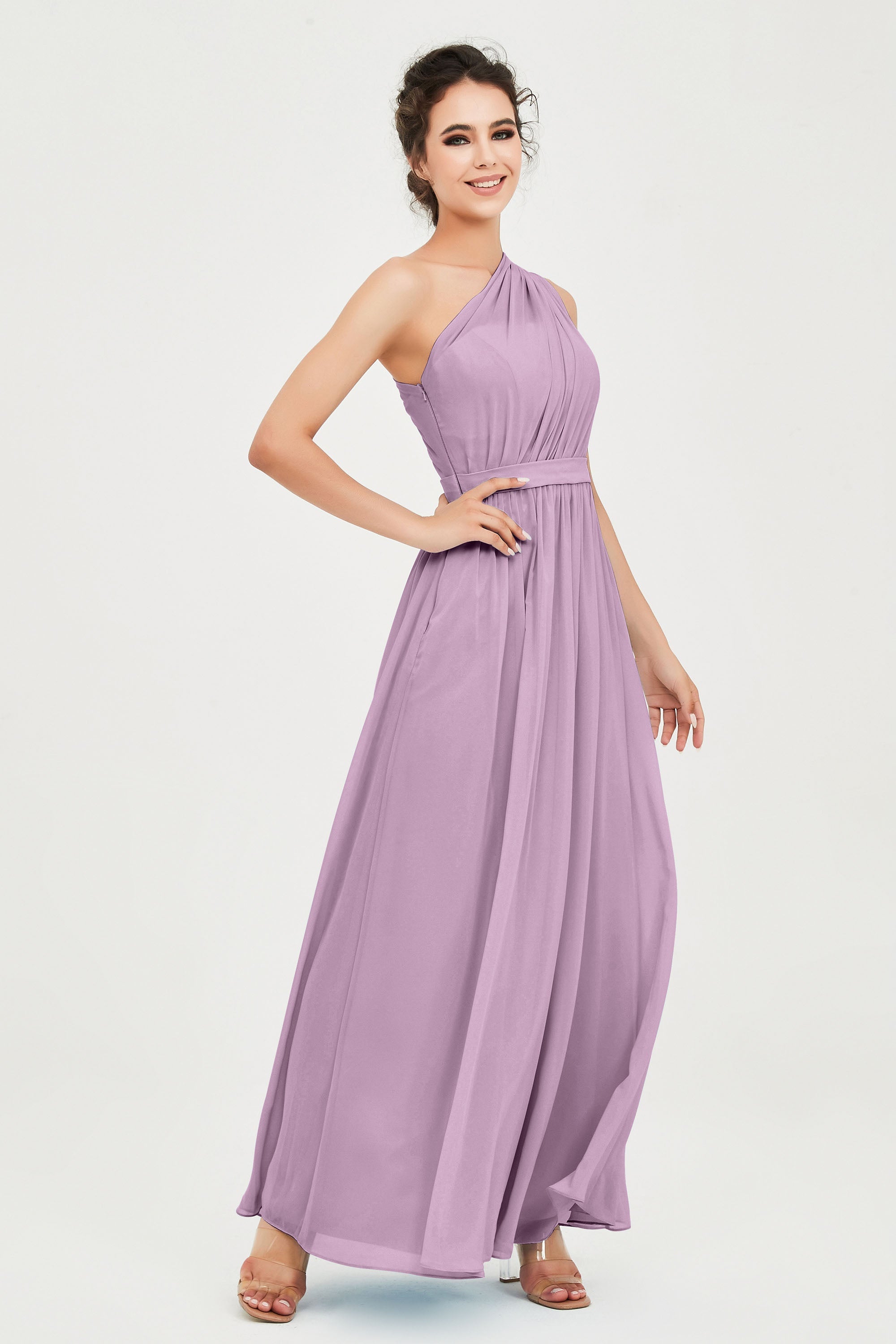 One Shoulder Chiffon Bridesmaid Dress Floor Length Ruched A Line Formal Evening Prom Gowns