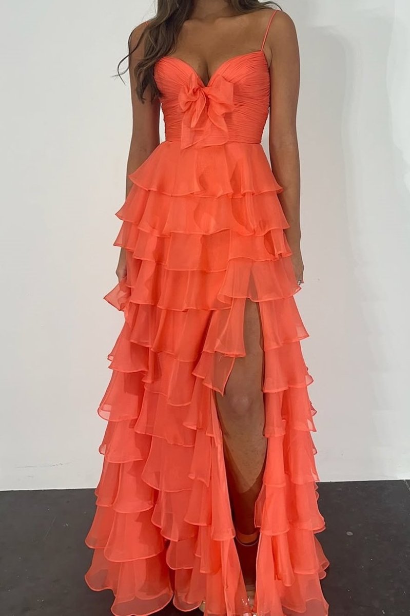 A Line Spaghetti Straps Yellow Long Prom Dress with Ruffles