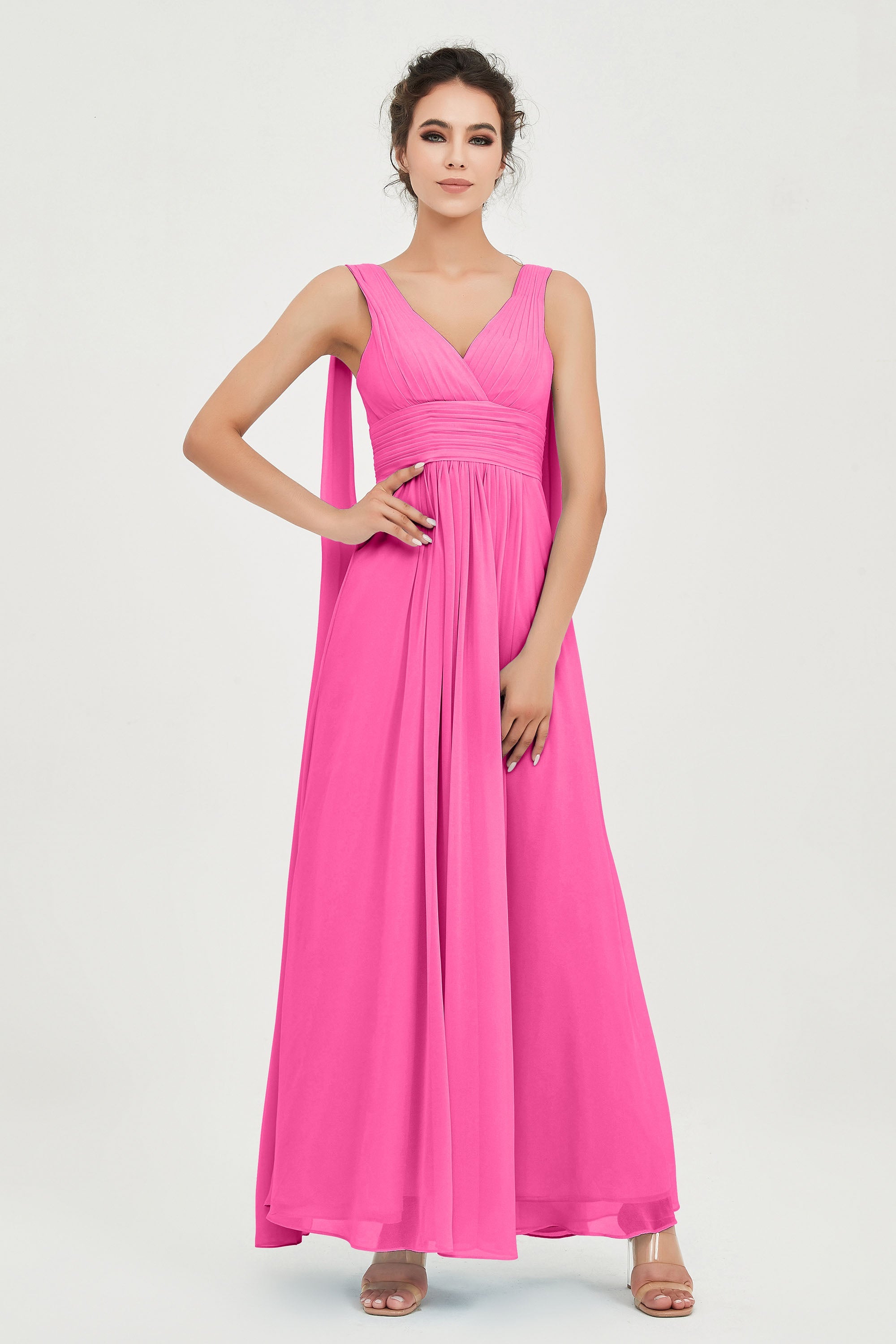 V Neck Chiffon Bridesmaid Dresses Pleated Ruched A Line Formal Evening Dress Gowns