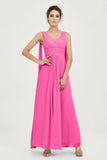 V Neck Chiffon Bridesmaid Dresses Pleated Ruched A Line Formal Evening Dress Gowns