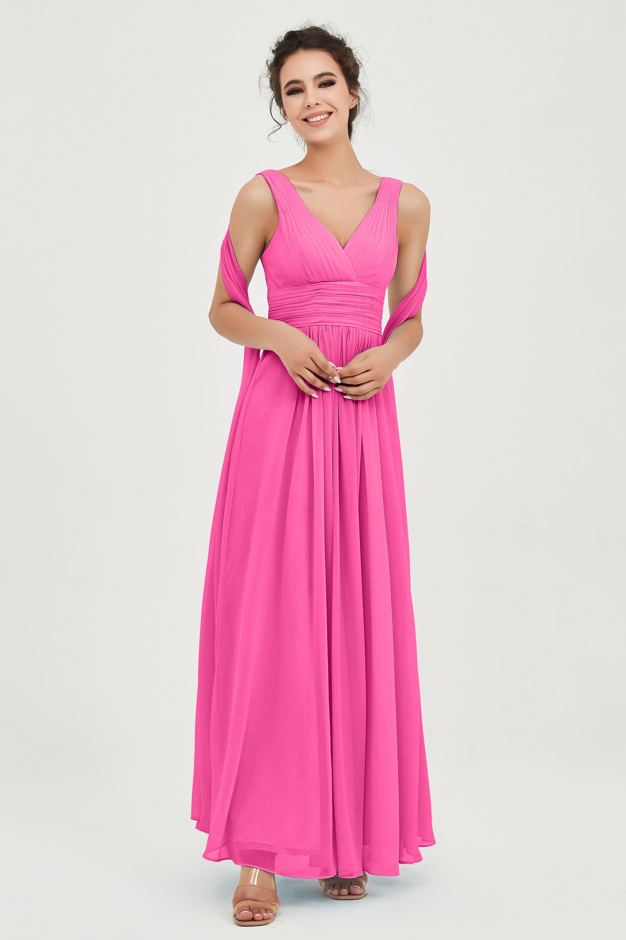 V Neck Chiffon Bridesmaid Dresses Pleated Ruched A Line Formal Evening Dress Gowns
