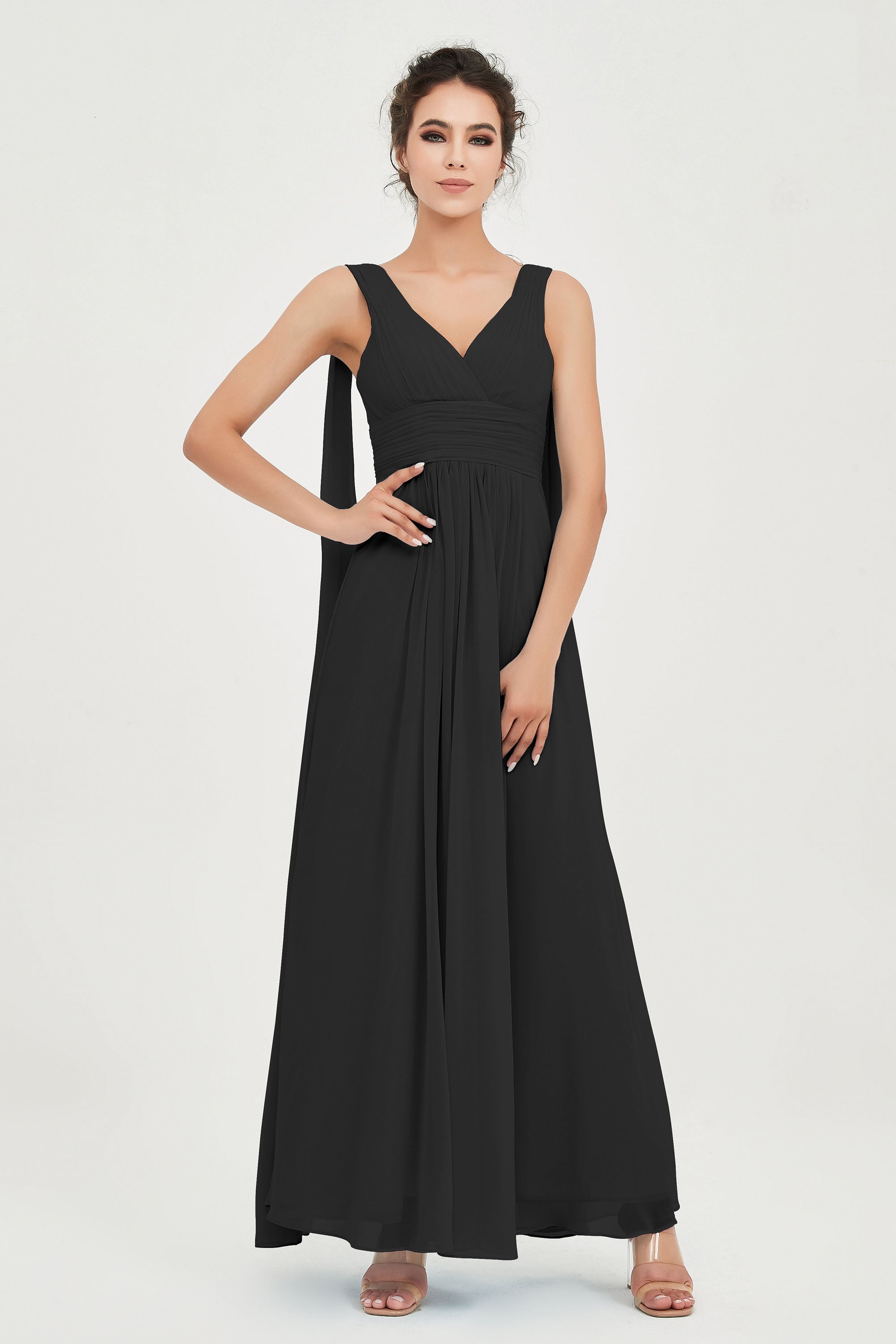 V Neck Chiffon Bridesmaid Dresses Pleated Ruched A Line Formal Evening Dress Gowns