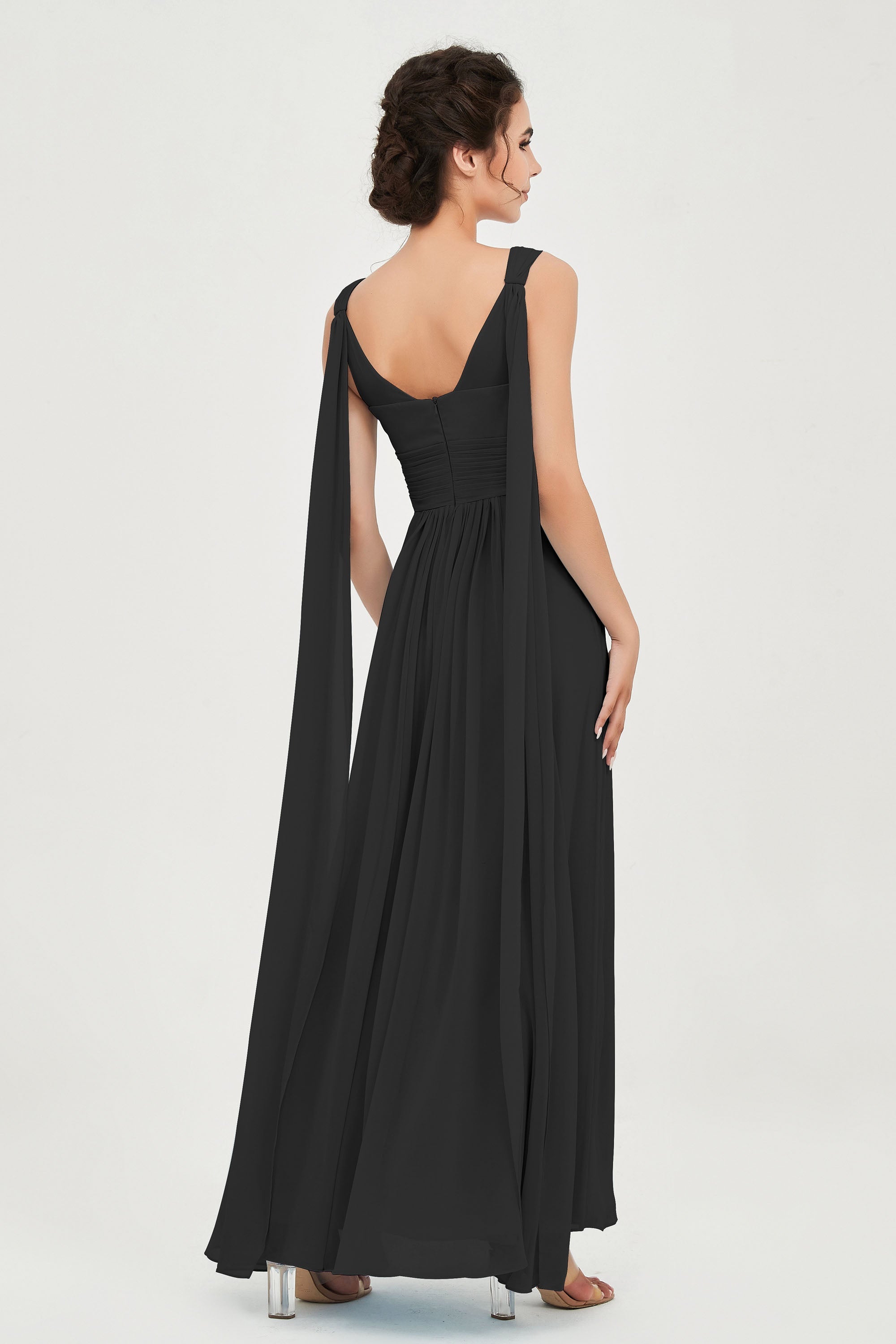V Neck Chiffon Bridesmaid Dresses Pleated Ruched A Line Formal Evening Dress Gowns