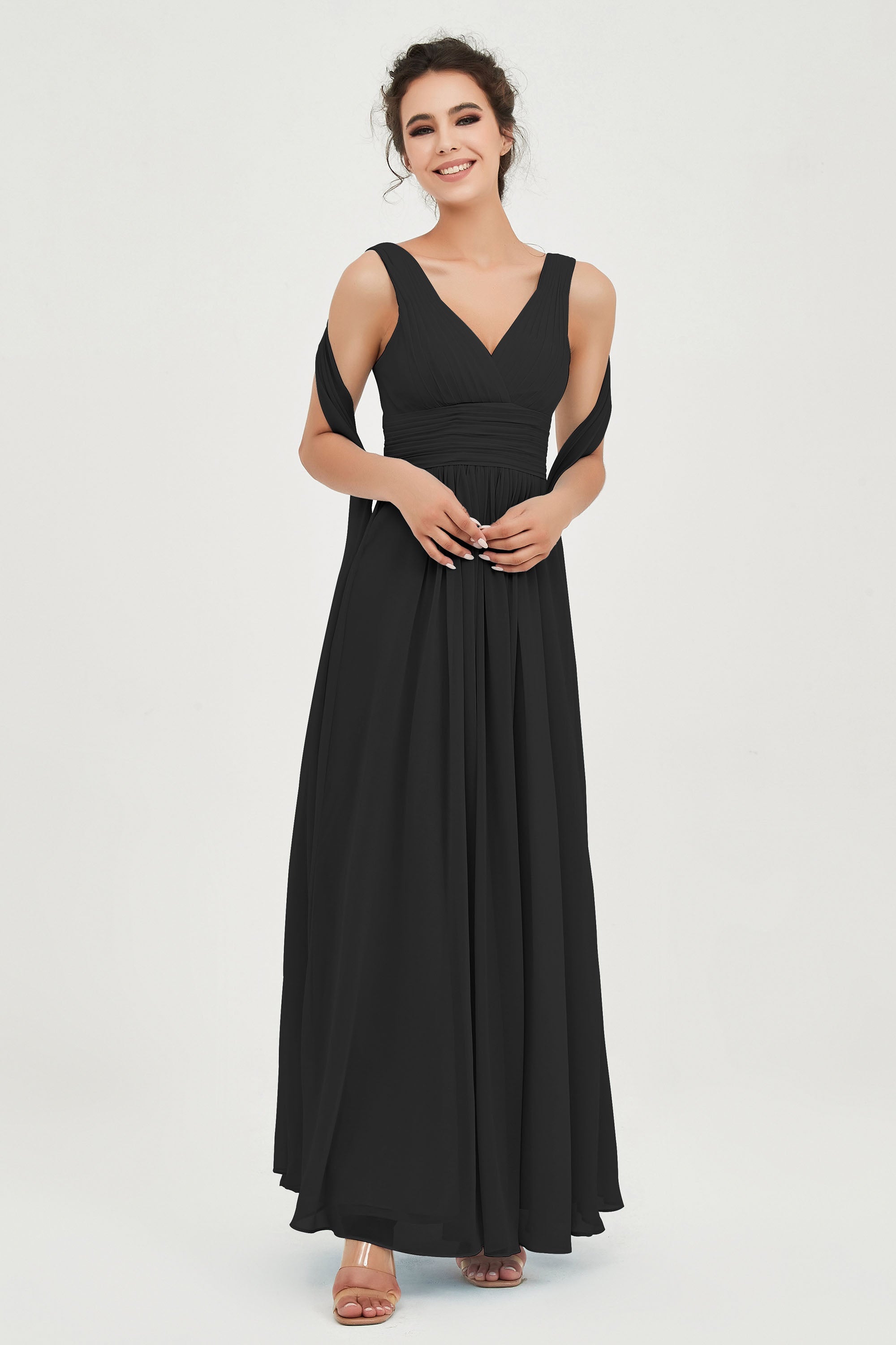 V Neck Chiffon Bridesmaid Dresses Pleated Ruched A Line Formal Evening Dress Gowns