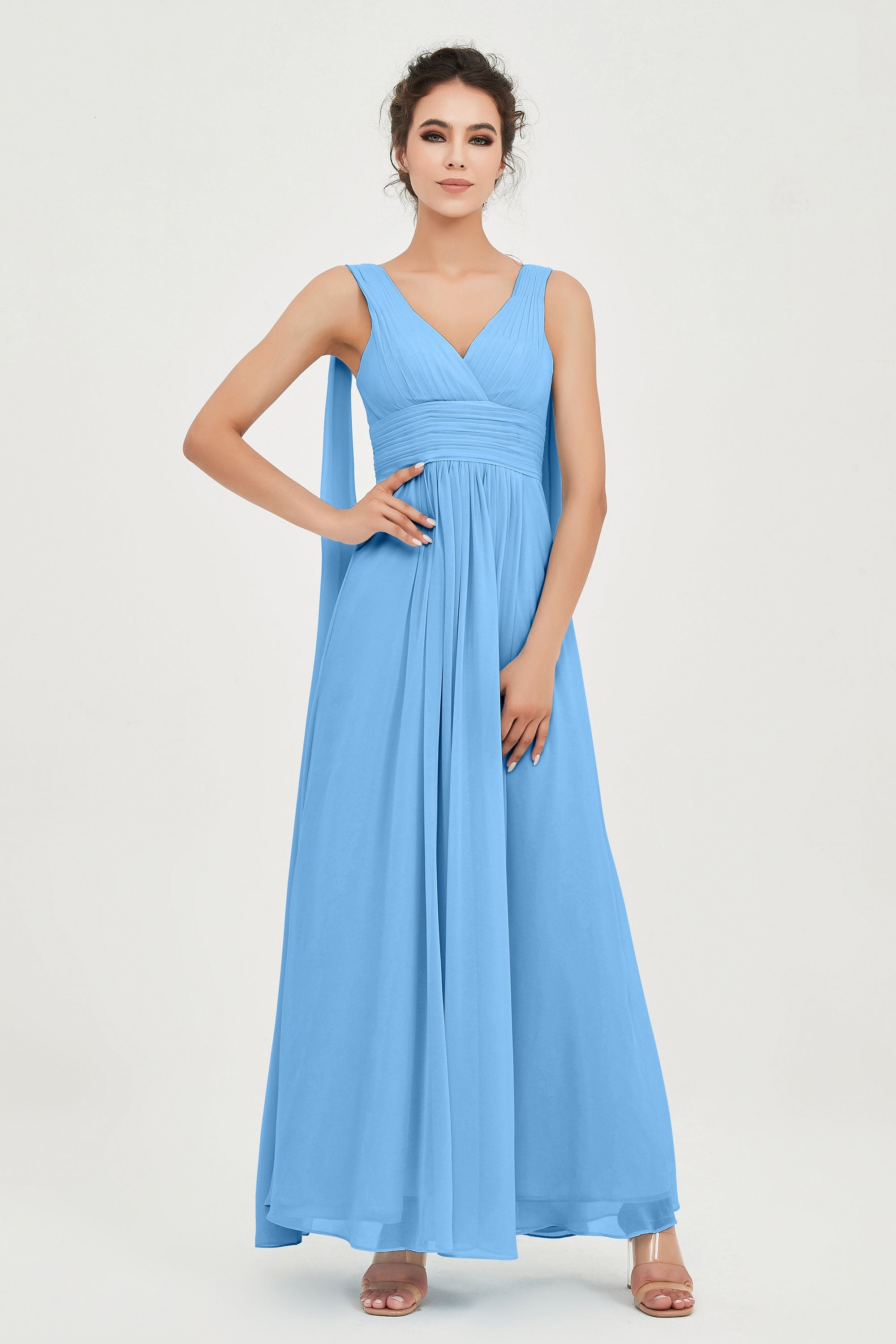 V Neck Chiffon Bridesmaid Dresses Pleated Ruched A Line Formal Evening Dress Gowns