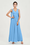 V Neck Chiffon Bridesmaid Dresses Pleated Ruched A Line Formal Evening Dress Gowns
