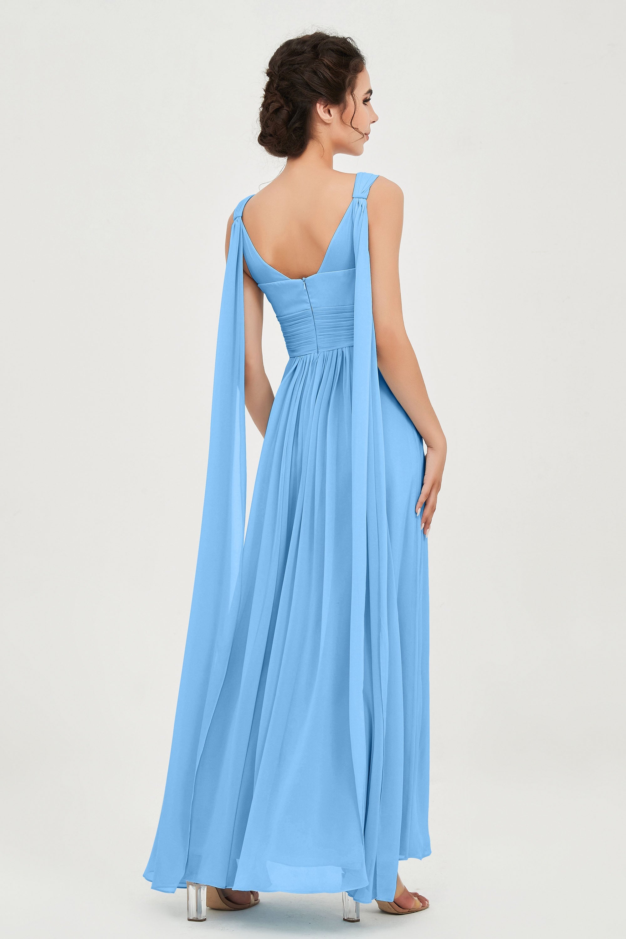 V Neck Chiffon Bridesmaid Dresses Pleated Ruched A Line Formal Evening Dress Gowns