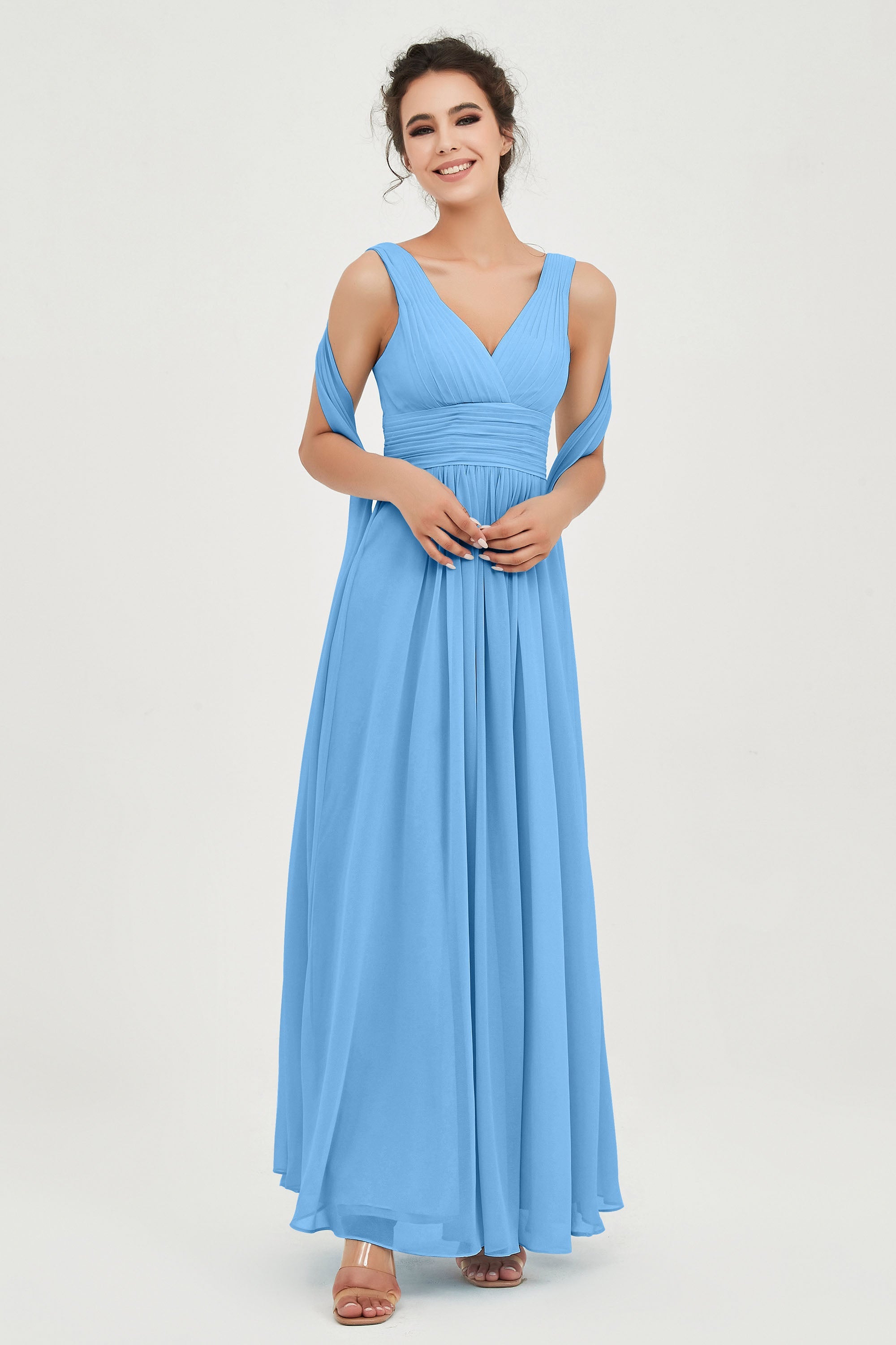 V Neck Chiffon Bridesmaid Dresses Pleated Ruched A Line Formal Evening Dress Gowns