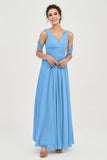 V Neck Chiffon Bridesmaid Dresses Pleated Ruched A Line Formal Evening Dress Gowns