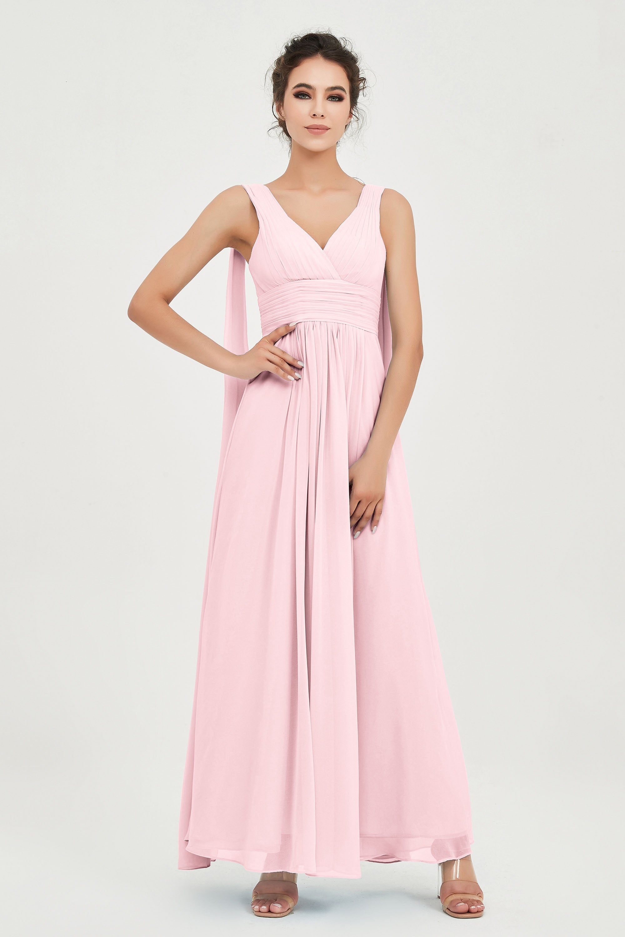 V Neck Chiffon Bridesmaid Dresses Pleated Ruched A Line Formal Evening Dress Gowns