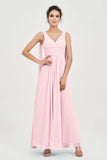 V Neck Chiffon Bridesmaid Dresses Pleated Ruched A Line Formal Evening Dress Gowns