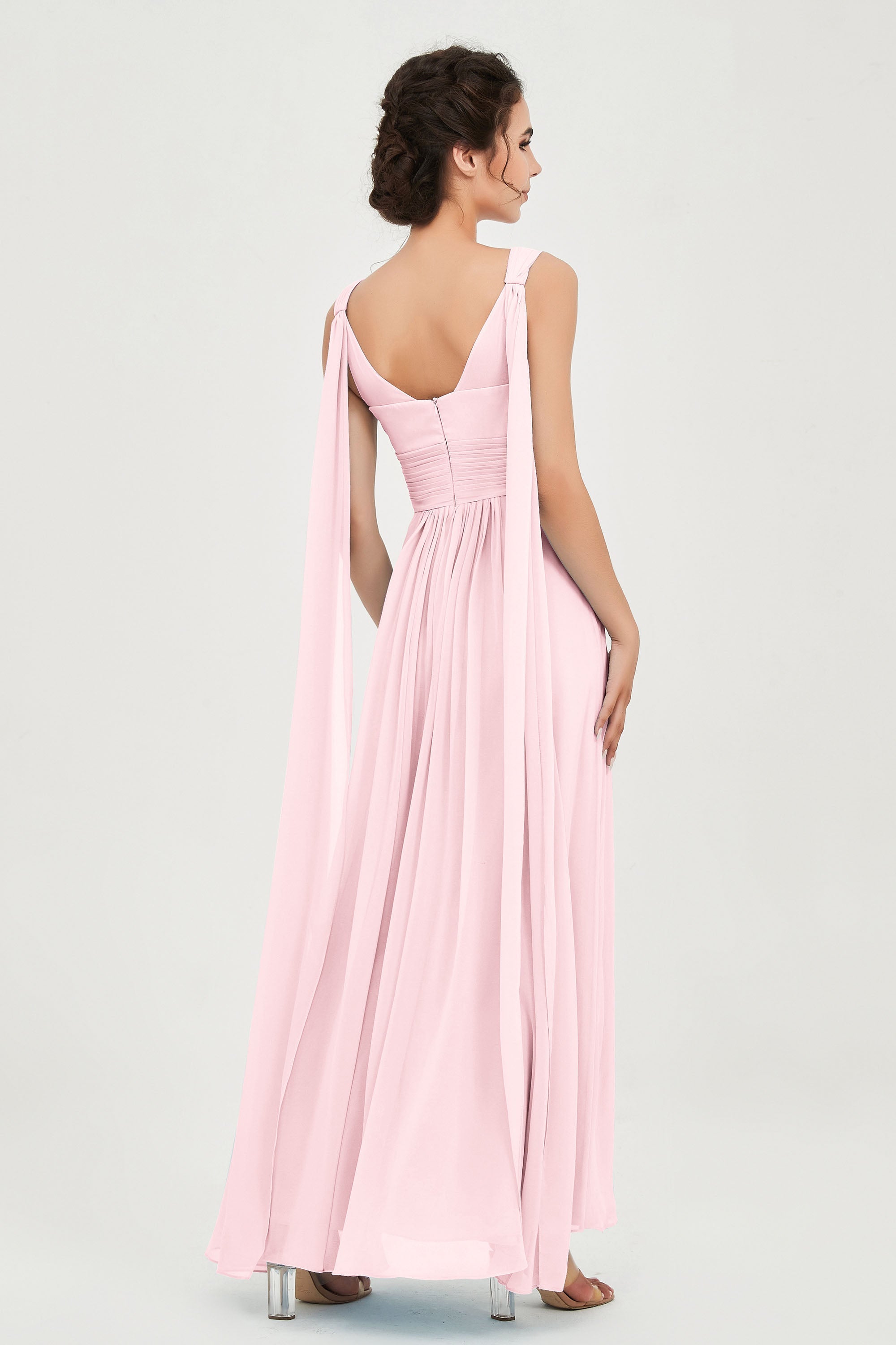 V Neck Chiffon Bridesmaid Dresses Pleated Ruched A Line Formal Evening Dress Gowns