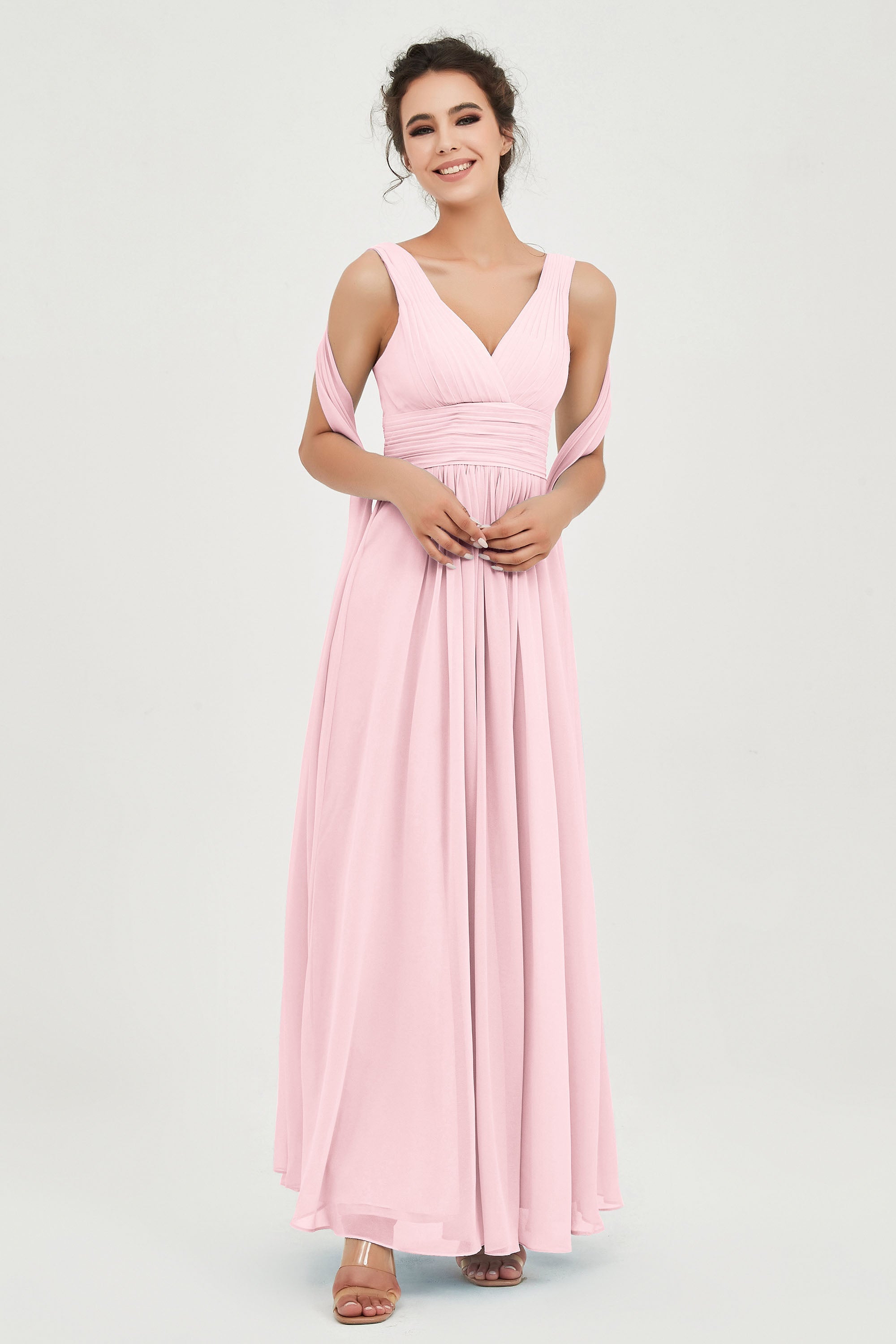 V Neck Chiffon Bridesmaid Dresses Pleated Ruched A Line Formal Evening Dress Gowns