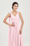 V Neck Chiffon Bridesmaid Dresses Pleated Ruched A Line Formal Evening Dress Gowns