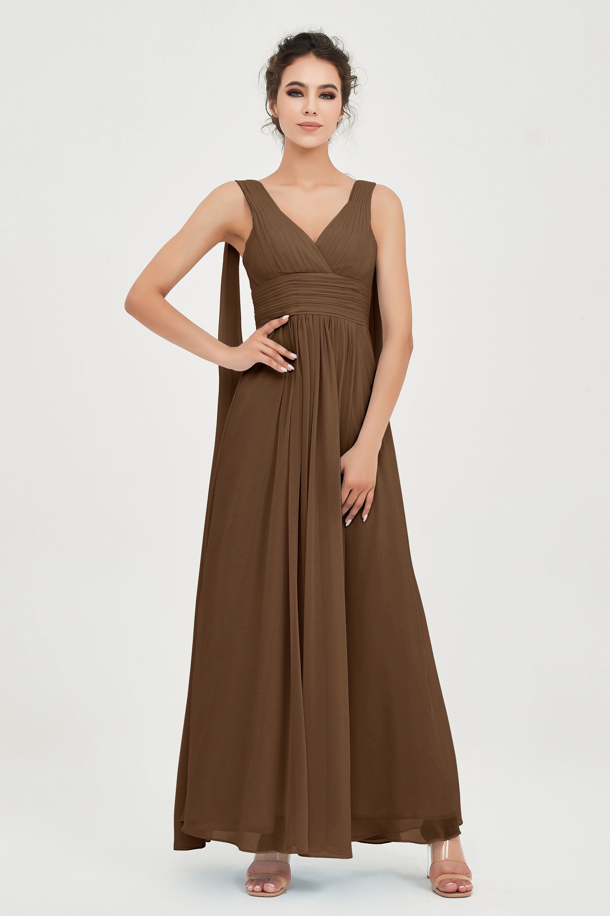 V Neck Chiffon Bridesmaid Dresses Pleated Ruched A Line Formal Evening Dress Gowns