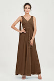 V Neck Chiffon Bridesmaid Dresses Pleated Ruched A Line Formal Evening Dress Gowns