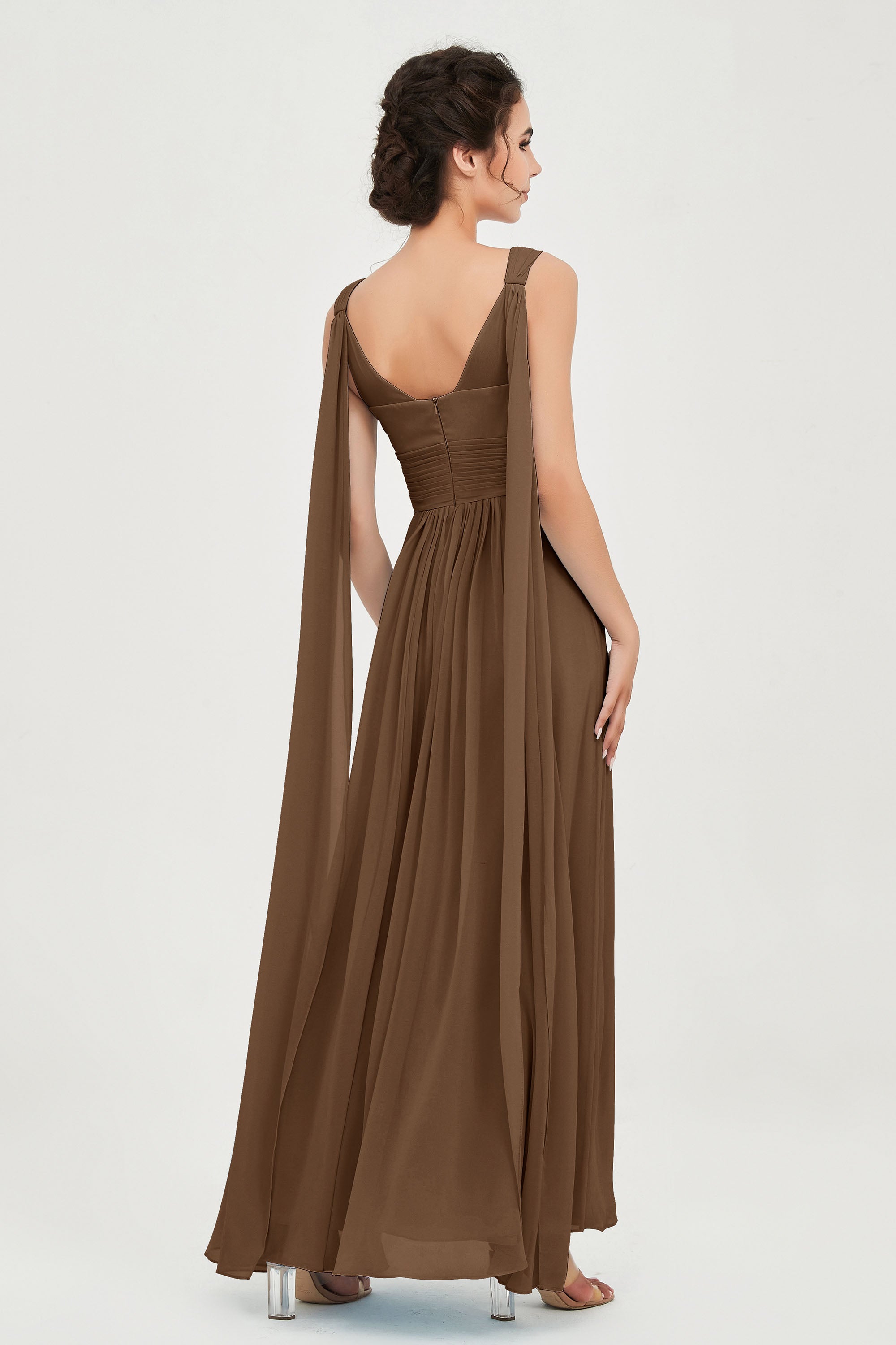 V Neck Chiffon Bridesmaid Dresses Pleated Ruched A Line Formal Evening Dress Gowns