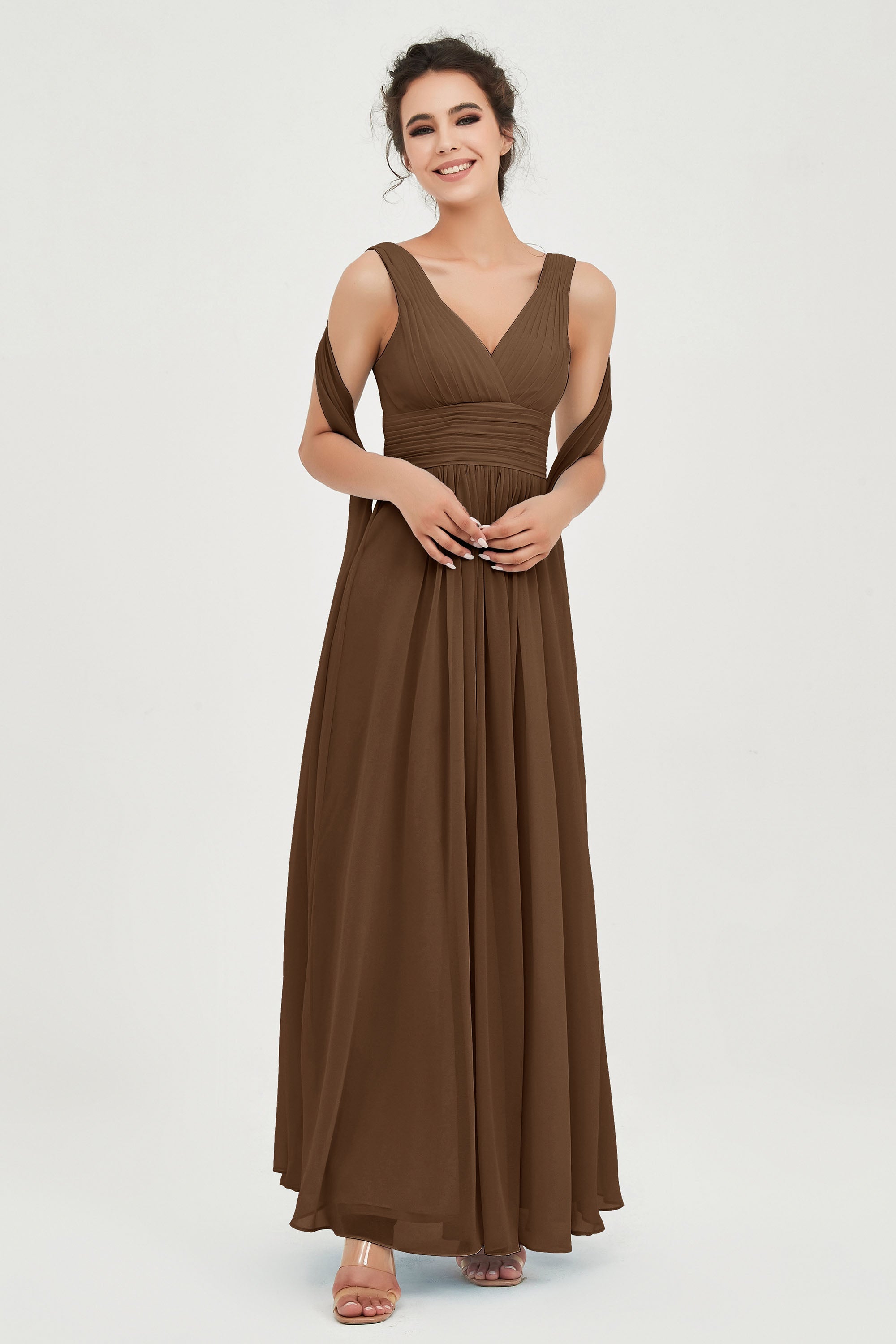 V Neck Chiffon Bridesmaid Dresses Pleated Ruched A Line Formal Evening Dress Gowns