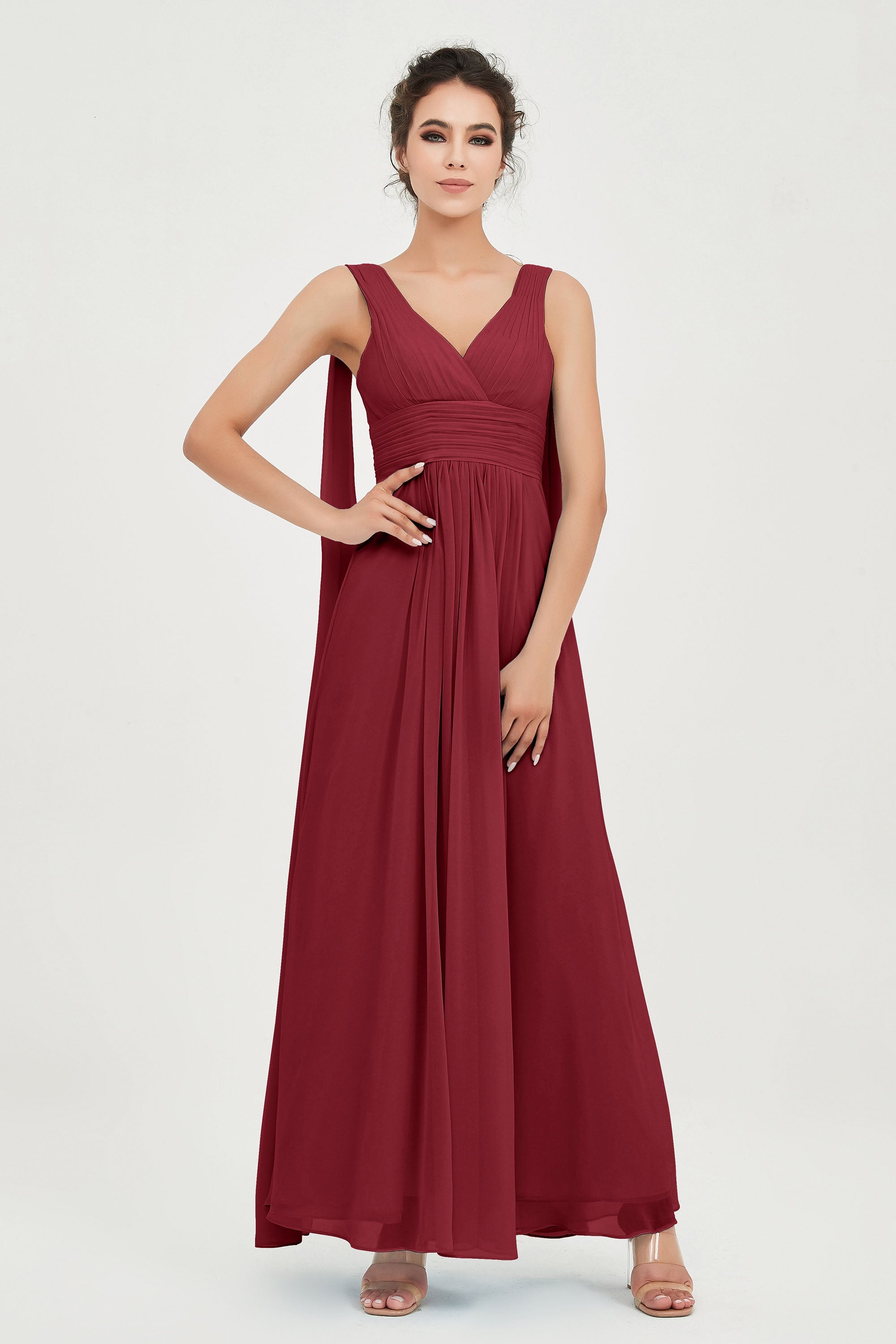 V Neck Chiffon Bridesmaid Dresses Pleated Ruched A Line Formal Evening Dress Gowns