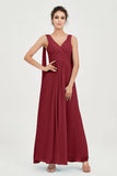 V Neck Chiffon Bridesmaid Dresses Pleated Ruched A Line Formal Evening Dress Gowns