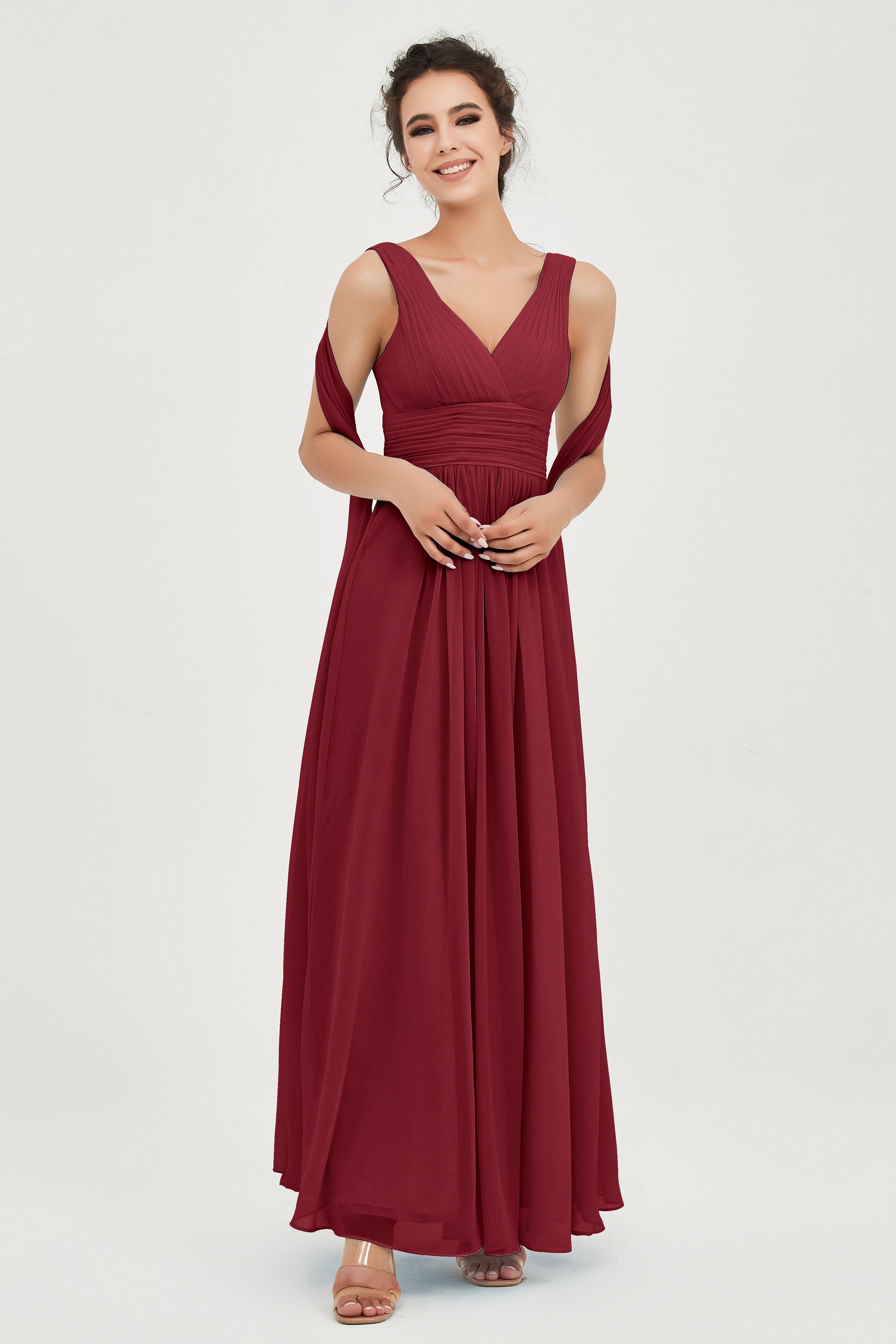 V Neck Chiffon Bridesmaid Dresses Pleated Ruched A Line Formal Evening Dress Gowns