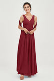 V Neck Chiffon Bridesmaid Dresses Pleated Ruched A Line Formal Evening Dress Gowns