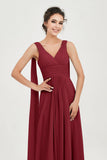 V Neck Chiffon Bridesmaid Dresses Pleated Ruched A Line Formal Evening Dress Gowns
