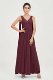 V Neck Chiffon Bridesmaid Dresses Pleated Ruched A Line Formal Evening Dress Gowns