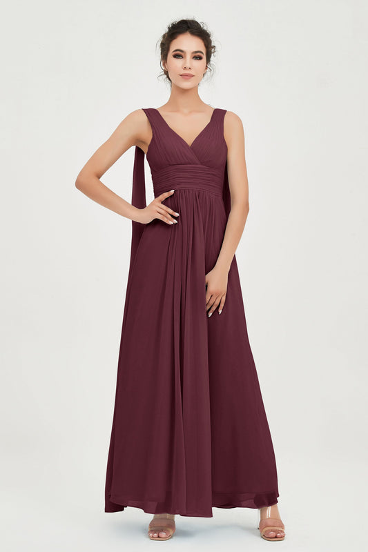 V Neck Chiffon Bridesmaid Dresses Pleated Ruched A Line Formal Evening Dress Gowns