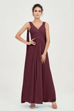 V Neck Chiffon Bridesmaid Dresses Pleated Ruched A Line Formal Evening Dress Gowns
