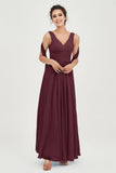V Neck Chiffon Bridesmaid Dresses Pleated Ruched A Line Formal Evening Dress Gowns