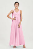 V Neck Chiffon Bridesmaid Dresses Pleated Ruched A Line Formal Evening Dress Gowns