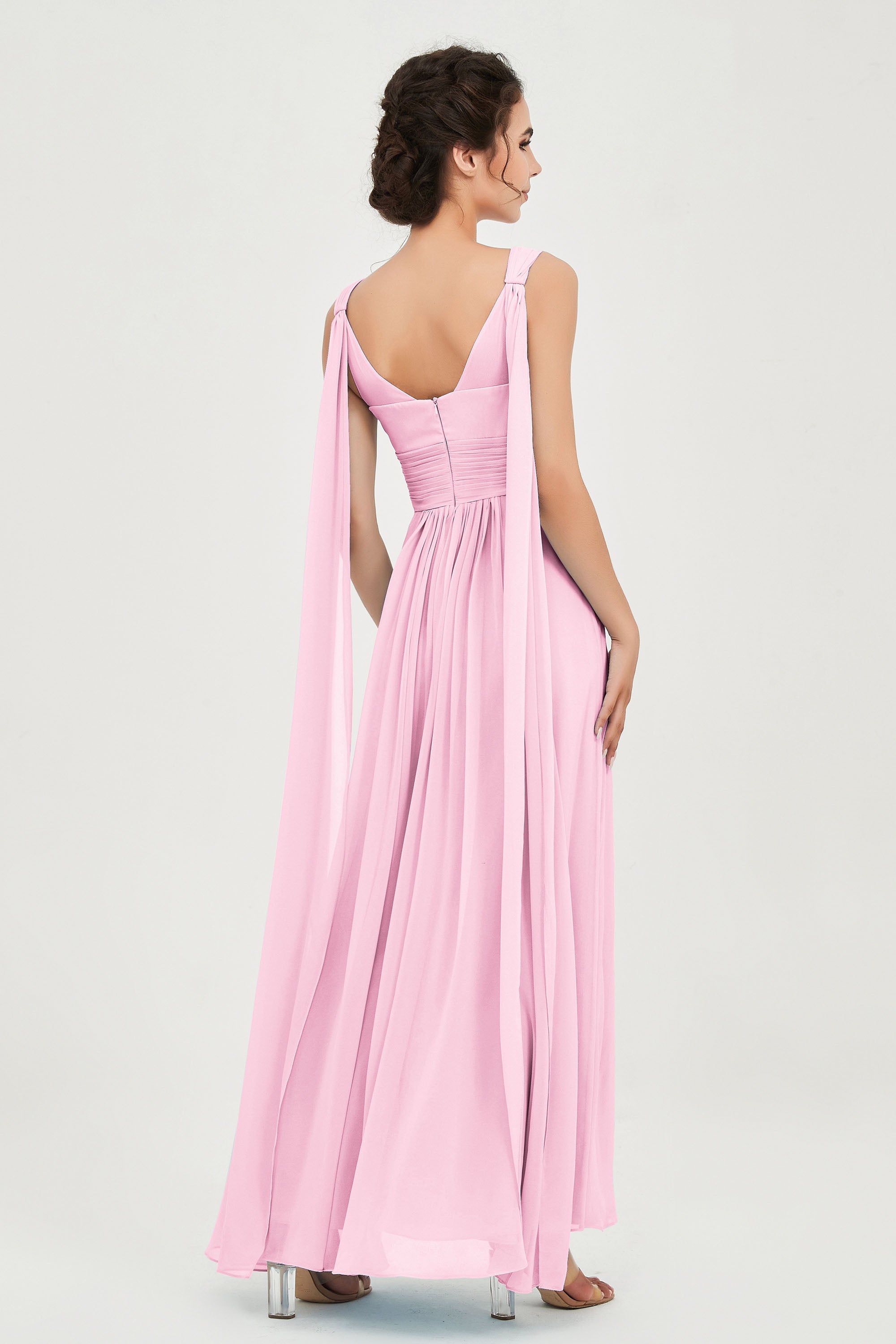 V Neck Chiffon Bridesmaid Dresses Pleated Ruched A Line Formal Evening Dress Gowns