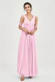 V Neck Chiffon Bridesmaid Dresses Pleated Ruched A Line Formal Evening Dress Gowns