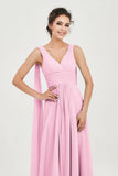V Neck Chiffon Bridesmaid Dresses Pleated Ruched A Line Formal Evening Dress Gowns