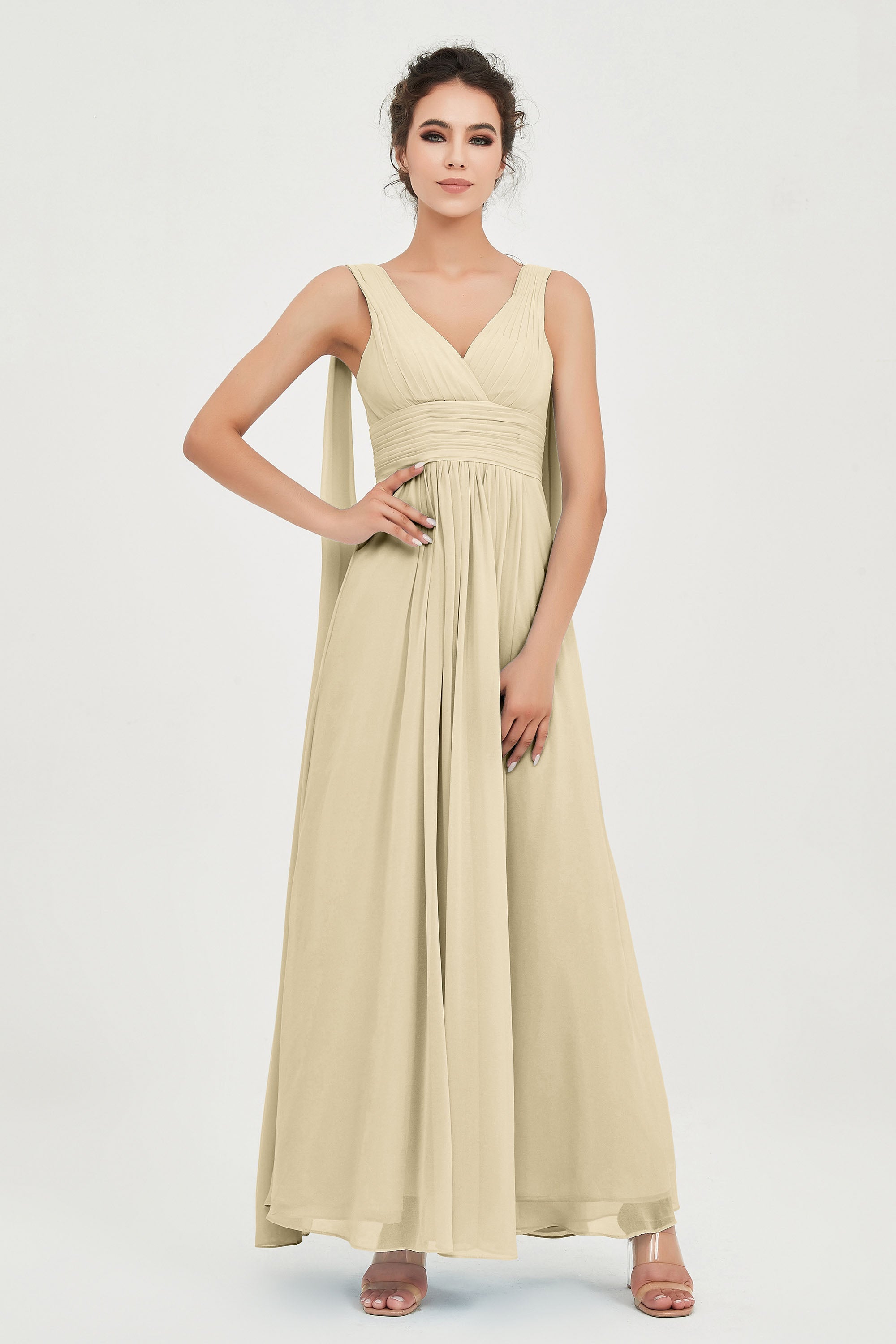 V Neck Chiffon Bridesmaid Dresses Pleated Ruched A Line Formal Evening Dress Gowns