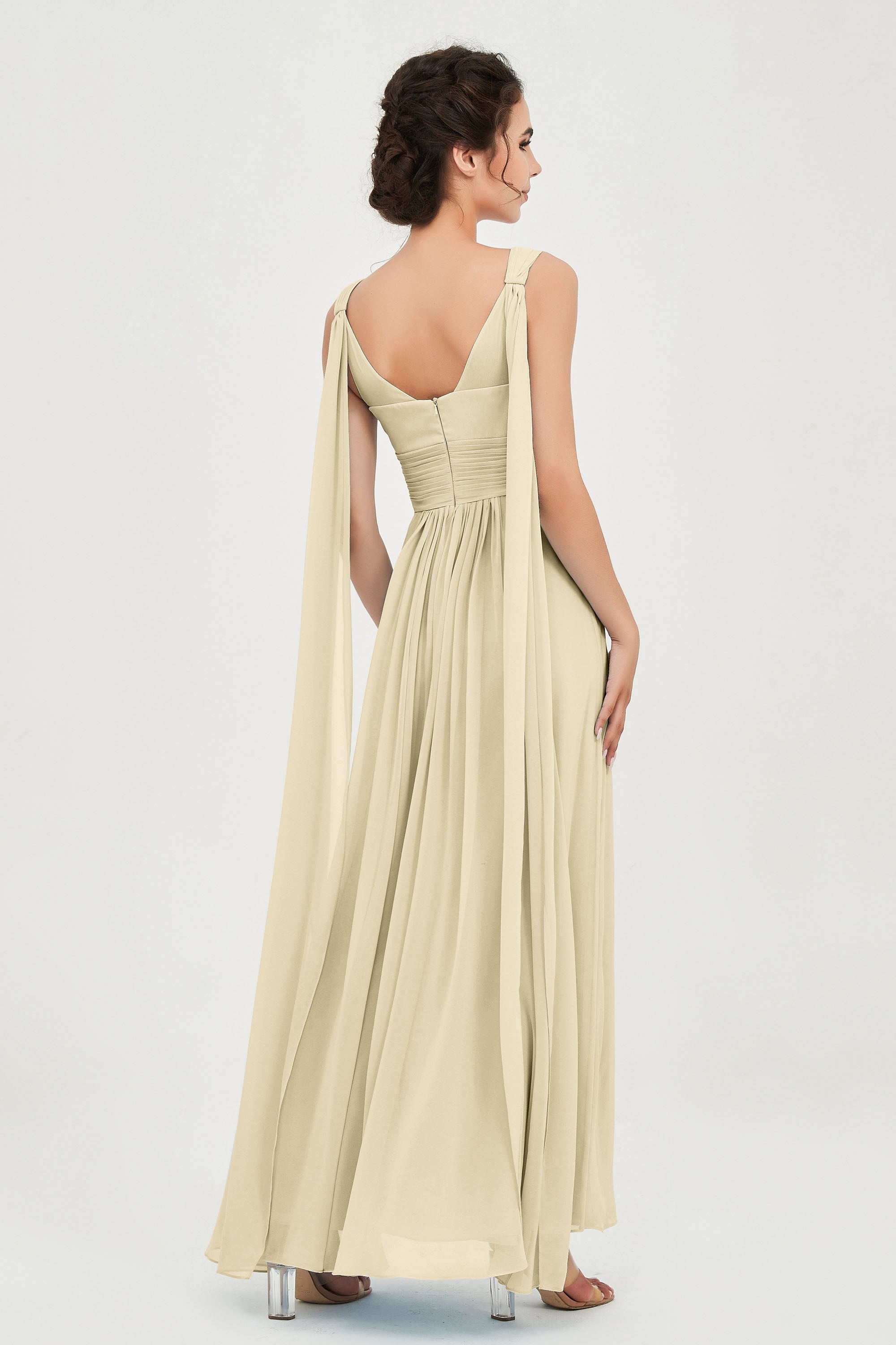 V Neck Chiffon Bridesmaid Dresses Pleated Ruched A Line Formal Evening Dress Gowns