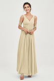 V Neck Chiffon Bridesmaid Dresses Pleated Ruched A Line Formal Evening Dress Gowns