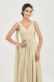 V Neck Chiffon Bridesmaid Dresses Pleated Ruched A Line Formal Evening Dress Gowns