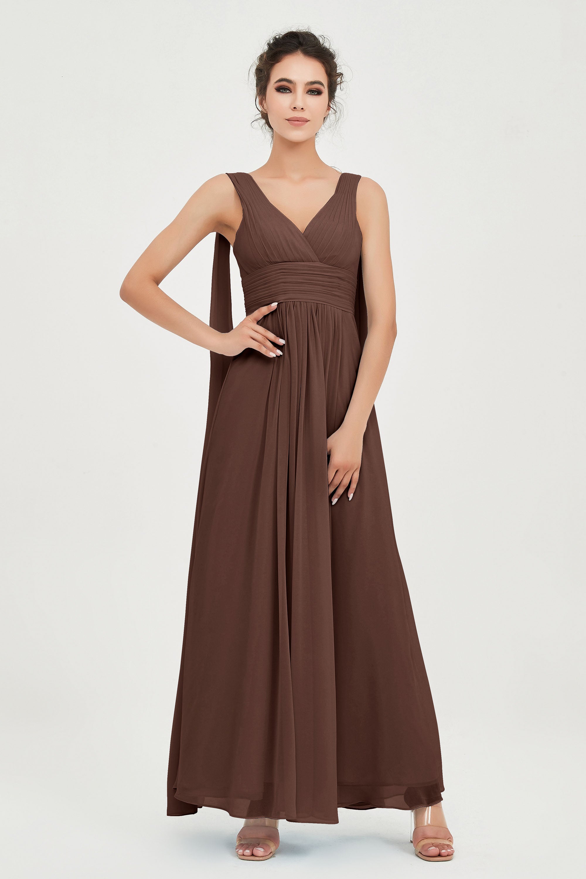 V Neck Chiffon Bridesmaid Dresses Pleated Ruched A Line Formal Evening Dress Gowns
