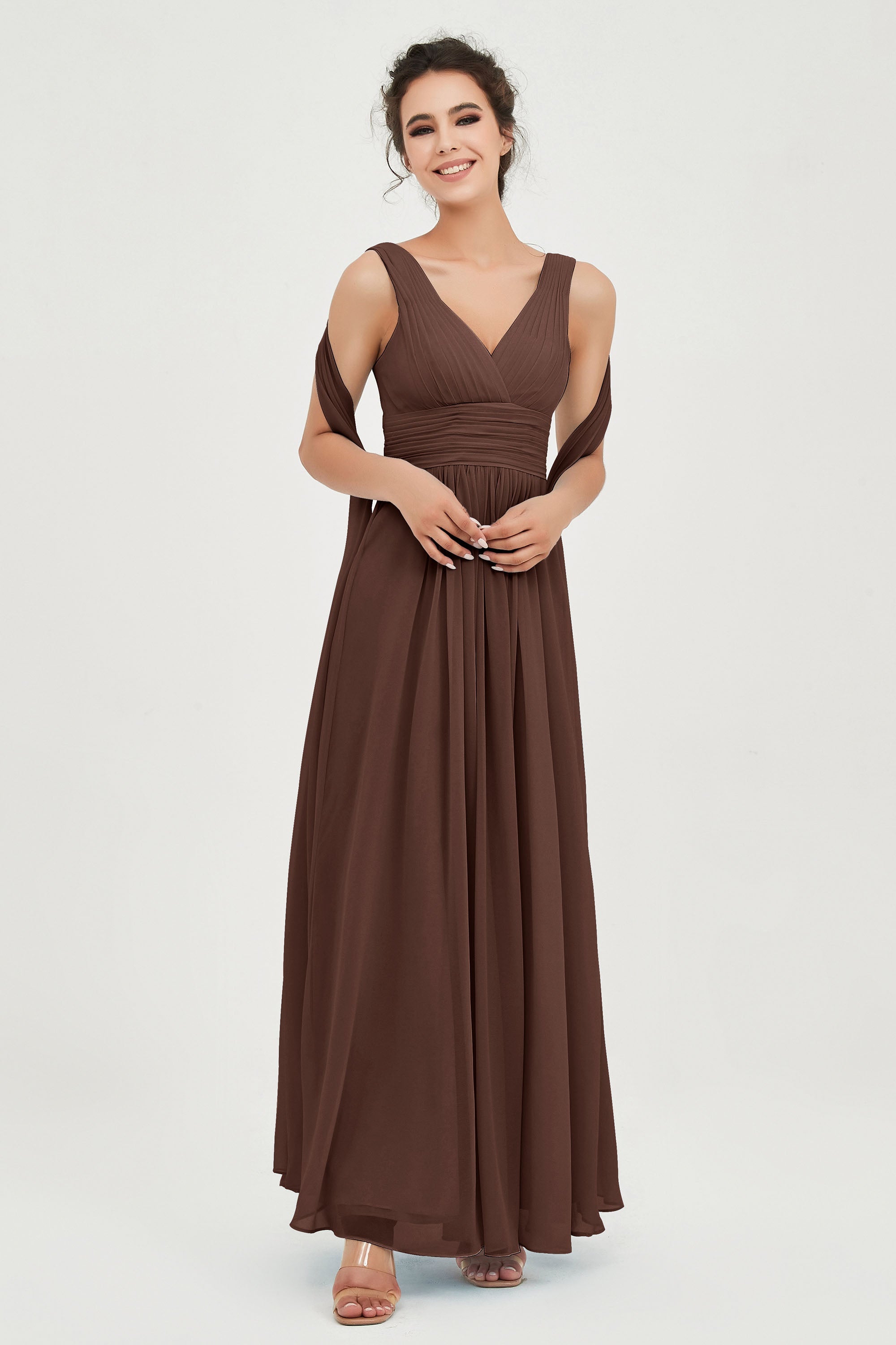 V Neck Chiffon Bridesmaid Dresses Pleated Ruched A Line Formal Evening Dress Gowns