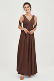 V Neck Chiffon Bridesmaid Dresses Pleated Ruched A Line Formal Evening Dress Gowns