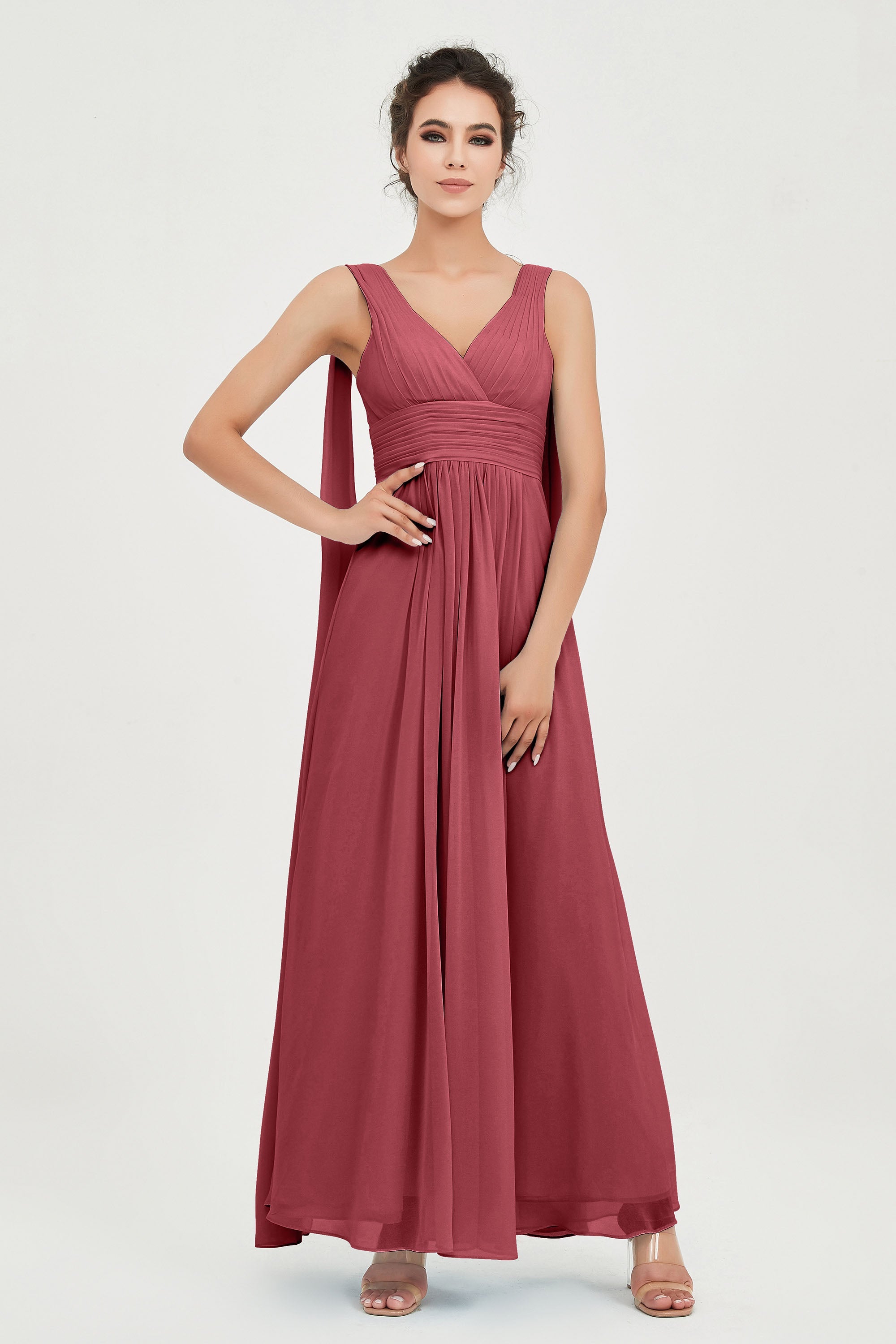 V Neck Chiffon Bridesmaid Dresses Pleated Ruched A Line Formal Evening Dress Gowns