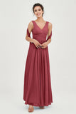 V Neck Chiffon Bridesmaid Dresses Pleated Ruched A Line Formal Evening Dress Gowns