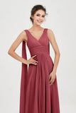 V Neck Chiffon Bridesmaid Dresses Pleated Ruched A Line Formal Evening Dress Gowns