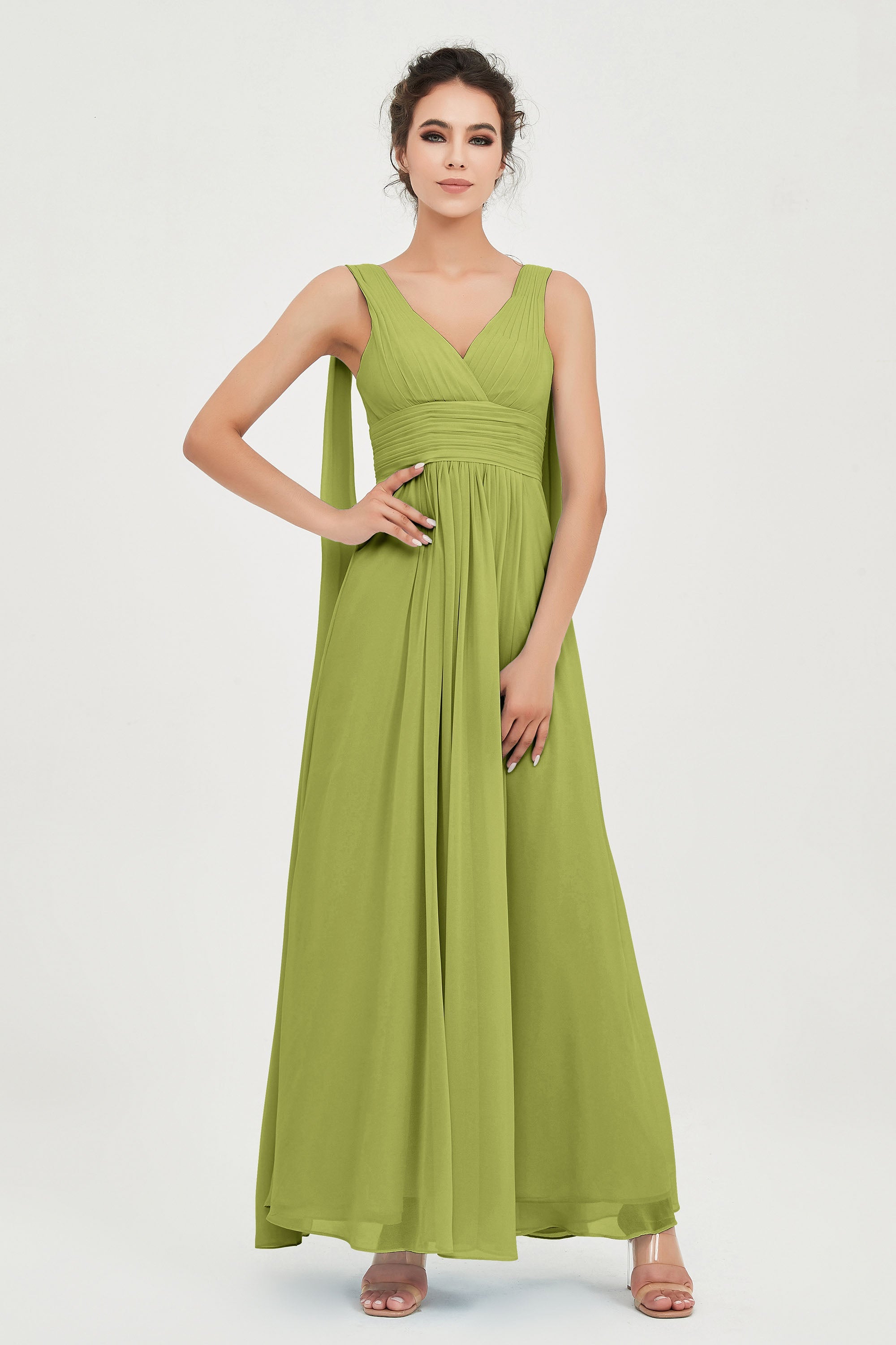 V Neck Chiffon Bridesmaid Dresses Pleated Ruched A Line Formal Evening Dress Gowns